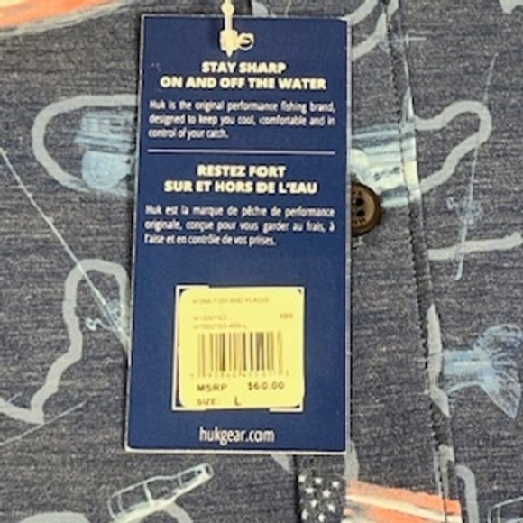 Huk Performance Fishing Button Up Shirt Blue Fish Flag Short Sleeve Mens L NWT - Picture 8 of 8